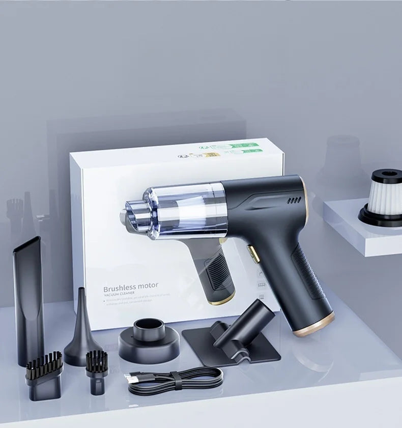 This handheld portable car vacuum cleaner supports both suction and blowing functions. It features wireless charging and deliver