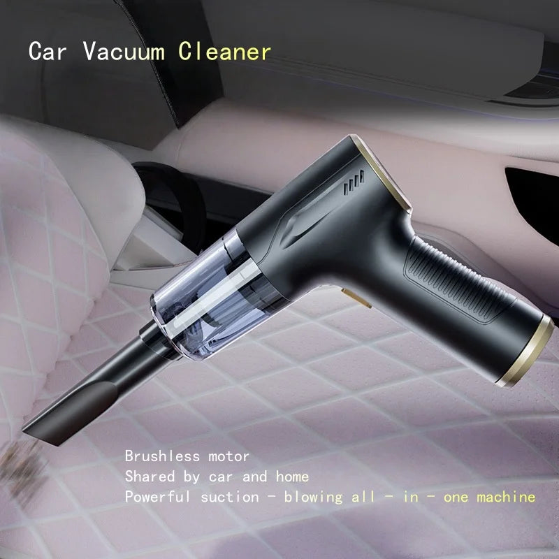 This handheld portable car vacuum cleaner supports both suction and blowing functions. It features wireless charging and deliver