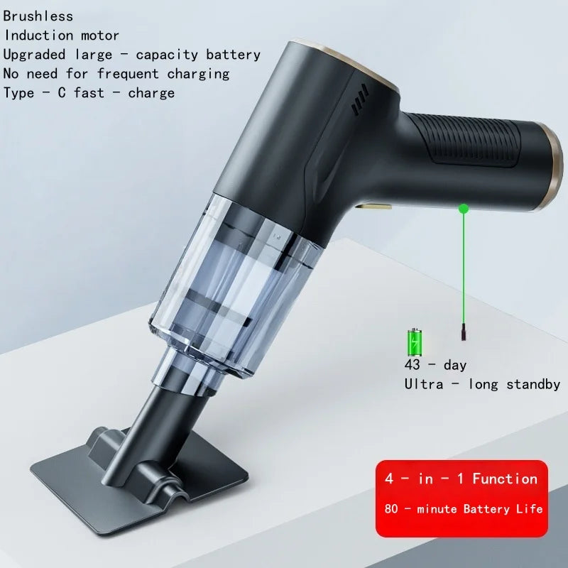 This handheld portable car vacuum cleaner supports both suction and blowing functions. It features wireless charging and deliver