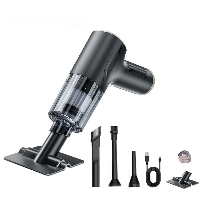 This handheld portable car vacuum cleaner supports both suction and blowing functions. It features wireless charging and deliver